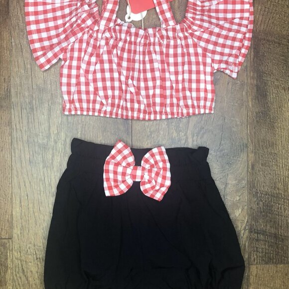 Baby Girls Ruffle Sleeve Top Red Checkered and Black Bowknot Shorts Set 6-9 mont - Picture 2 of 5